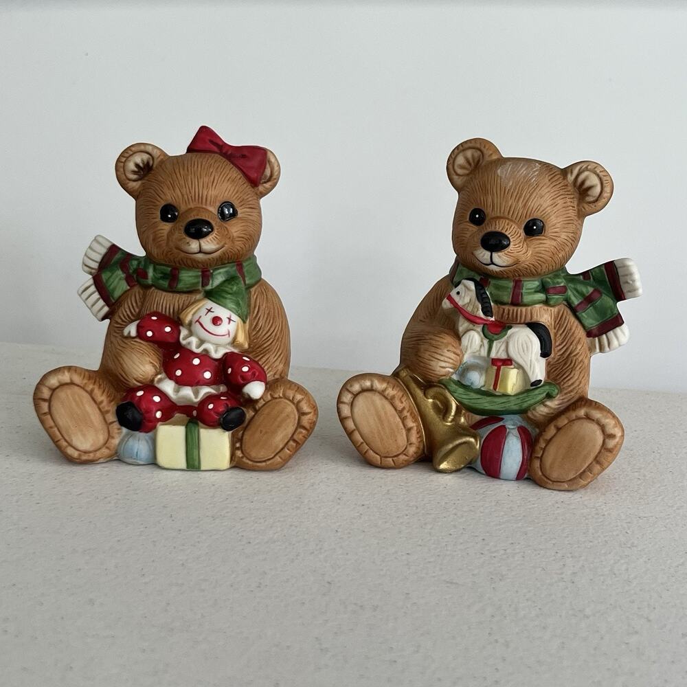 vintage homco teddy‎ bear set striped scarf horse clown 5251